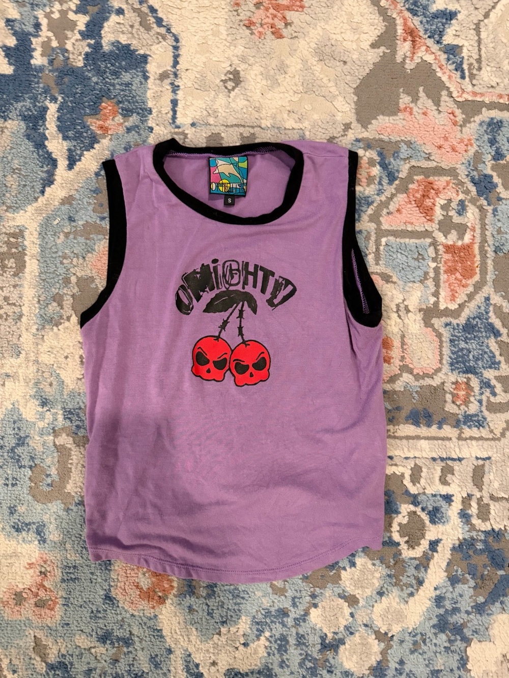 Quiksilver Purple Sleeveless Tank with Red Cherry Skull Graphic